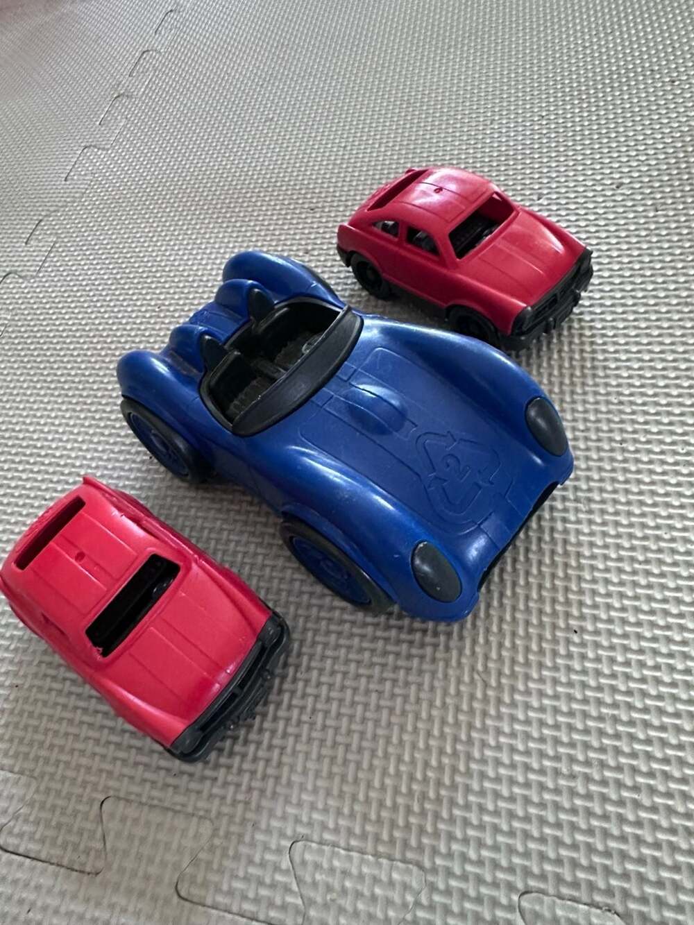 Green Toys Blue Race Car and Two Red GT Coupe Toy Cars Set